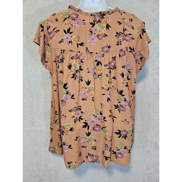 Buffalo David Bitton Blouse Womens Large Floral Short Sleeve Boho Top Tie Neck - Picture 8 of 16
